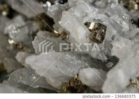 Macro mineral stone Galena, Sphalerite, Pyrite, Quartz on a black background Macro mineral stone Galena, Sphalerite, Pyrite, Quartz on a black background 136680375