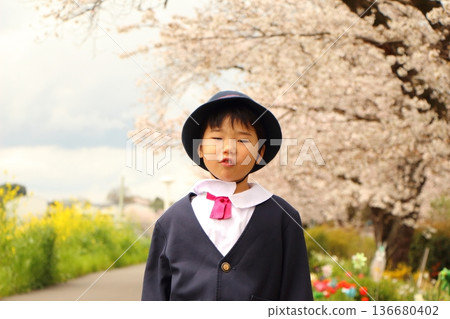 Infant wearing kindergarten uniform, entrance ceremony, graduation ceremony Infant wearing kindergarten uniform, entrance ceremony, graduation ceremony 136680402