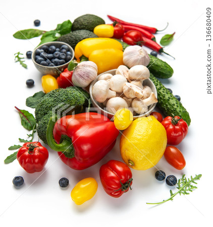 Fresh organic fruits and vegetables promoting healthy eating 136680409