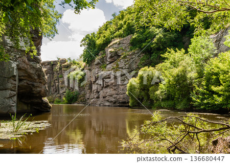 Canyon between which flows a river against the blue sky and green trees 136680447
