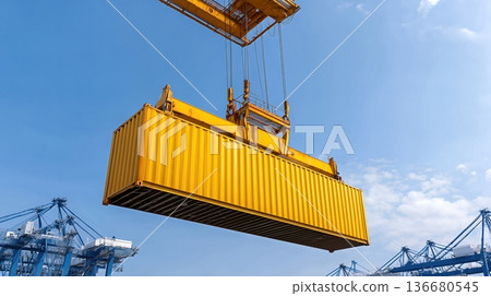 Crane Lifts Container at Industrial Site With Precision During Daylight Hours Crane Lifts Container at Industrial Site With Precision During Daylight Hours 136680545