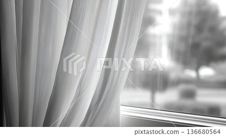 Soft Morning Wind Moves Curtains in a Home Located Near Trees and Buildings in the Daylight Soft Morning Wind Moves Curtains in a Home Located Near Trees and Buildings in the Daylight 136680564