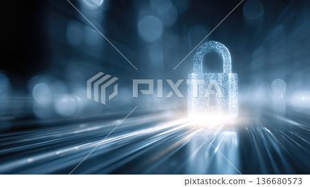 Cybersecurity Data Protection Concept With Digital Lock and Blurred Background of Data Streams 136680573