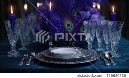 Bright Party Table Setting With Peacock Feathers, Candles, and Glassware for an Evening Gathering Bright Party Table Setting With Peacock Feathers, Candles, and Glassware for an Evening Gathering 136680586