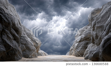 Dark Rocky Desert Ravine Under a Turbulent Sky Captures a Moment of Natures Power and Beauty Dark Rocky Desert Ravine Under a Turbulent Sky Captures a Moment of Natures Power and Beauty 136680588