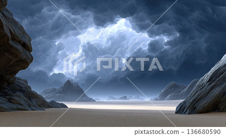 Dark Rocky Desert Ravine Under a Turbulent Sky Showing Dramatic Weather Patterns at Dusk Dark Rocky Desert Ravine Under a Turbulent Sky Showing Dramatic Weather Patterns at Dusk 136680590