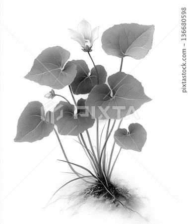 Drawing of Asarum Europaeum Plant With Detailed Leaves and Flowers in a Natural Setting 136680598