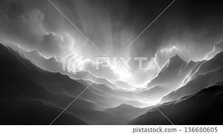 Determinism as a Fogshrouded Journey Across Mountains in Black and White Landscape 136680605