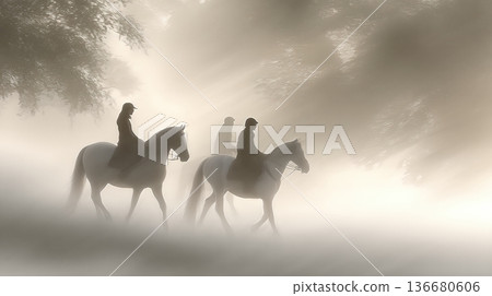 Journey Through Fog With Riders on Horses in a Mysterious Landscape at Dawn Journey Through Fog With Riders on Horses in a Mysterious Landscape at Dawn 136680606