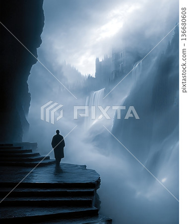 Journey Through Fog on a Path Beside Waterfalls and a Distant Castle in the Twilight Hour Journey Through Fog on a Path Beside Waterfalls and a Distant Castle in the Twilight Hour 136680608