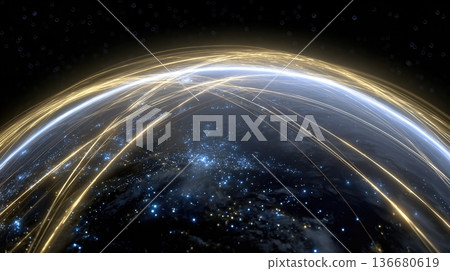 Multiple Thin Glowing Gold Lines Connect Across the Globe in a Vibrant Network Display Multiple Thin Glowing Gold Lines Connect Across the Globe in a Vibrant Network Display 136680619