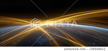 Multiple Thin Glowing Gold Lines Connect Across the Surface in a Digital Scene at Dawn Multiple Thin Glowing Gold Lines Connect Across the Surface in a Digital Scene at Dawn 136680622