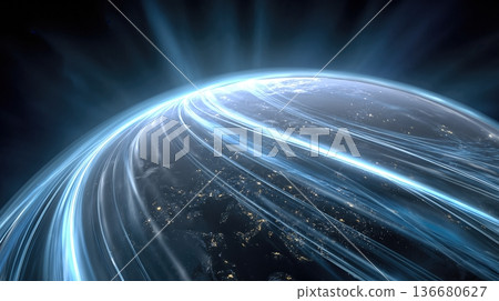 Dramatic Shot of Glowing Lines Connecting Points on the Earth at Night Dramatic Shot of Glowing Lines Connecting Points on the Earth at Night 136680627