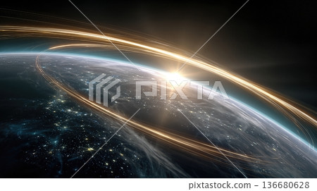 Multiple Glowing Lines Connect Around Earth as the Sun Rises Over the Horizon in a Dramatic Display Multiple Glowing Lines Connect Around Earth as the Sun Rises Over the Horizon in a Dramatic Display 136680628
