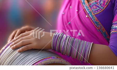 Hands of Women Celebrate Indian Festival Wearing Bangles During Cultural Event in Vibrant Setting Hands of Women Celebrate Indian Festival Wearing Bangles During Cultural Event in Vibrant Setting 136680641