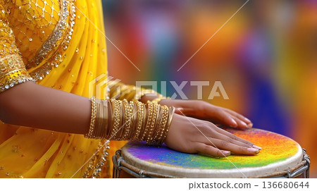 Celebration of Indian Festival With Womens Hands Playing a Drum in Vibrant Colors Celebration of Indian Festival With Womens Hands Playing a Drum in Vibrant Colors 136680644