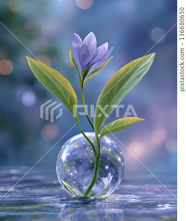 Flower in a Glass Sphere on Water With Green Leaves and Soft Light in the Background Flower in a Glass Sphere on Water With Green Leaves and Soft Light in the Background 136680650