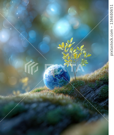 Earth Bud Picture Book Showing a Small Globe and a Plant on Mossy Ground in a Bright Setting Earth Bud Picture Book Showing a Small Globe and a Plant on Mossy Ground in a Bright Setting 136680651