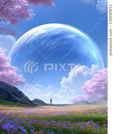 Explore a Vast Landscape With Colorful Flowers and a Large Moon in the Earth Bud Picture Book Scene 136680652