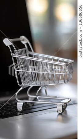 Online Shopping Cart Sits on Laptop Keyboard While Users Browse for Products at Home Online Shopping Cart Sits on Laptop Keyboard While Users Browse for Products at Home 136680656