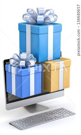 Online Shopping Brings Gifts Displayed on a Computer Screen in a Clear Setup for Customers Online Shopping Brings Gifts Displayed on a Computer Screen in a Clear Setup for Customers 136680657