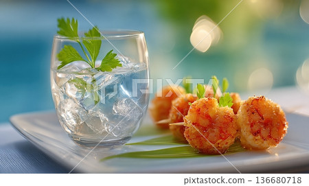 Enjoying a Plate of Shrimp Skewers With a Refreshing Drink by the Pool on a Sunny Day Enjoying a Plate of Shrimp Skewers With a Refreshing Drink by the Pool on a Sunny Day 136680718