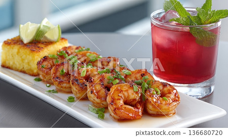 Gastronomic Delight With Grilled Shrimp, Lime, Cornbread, and a Refreshing Drink 136680720