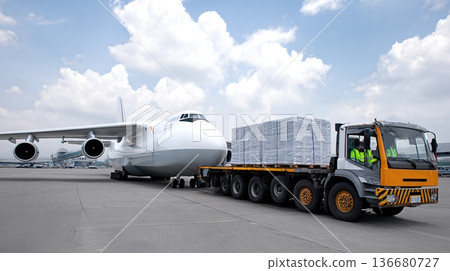 Cargo Plane Prepares for Takeoff as Truck Loads Cargo at Airport Runway Under Cloudy Sky Cargo Plane Prepares for Takeoff as Truck Loads Cargo at Airport Runway Under Cloudy Sky 136680727