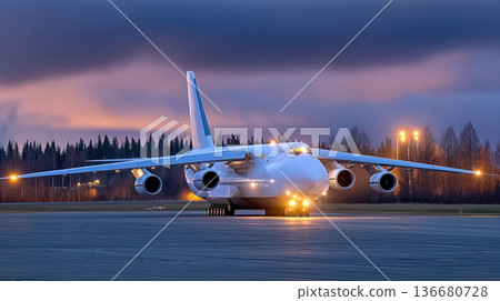Cargo Plane Prepares for Takeoff After Loading Cargo at Airport During Sunset in a Cloudy Sky Cargo Plane Prepares for Takeoff After Loading Cargo at Airport During Sunset in a Cloudy Sky 136680728