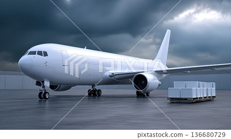 Cargo Plane Loading Containers on Runway at Airport Cargo Plane Loading Containers on Runway at Airport 136680729
