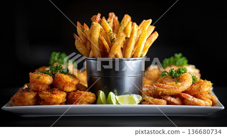 Seafood Display Featuring Caribbean Dishes With Fries on a Black Background Seafood Display Featuring Caribbean Dishes With Fries on a Black Background 136680734