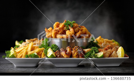Caribbean Seafood Display With Shrimp, Fish, Fries, and Lime on a Dark Background Caribbean Seafood Display With Shrimp, Fish, Fries, and Lime on a Dark Background 136680735