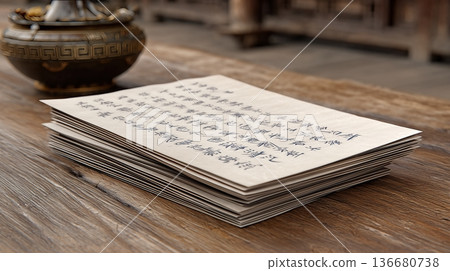 Chinese Calligraphy Artworks Displayed on Wooden Table in Traditional Setting During the Day 136680738