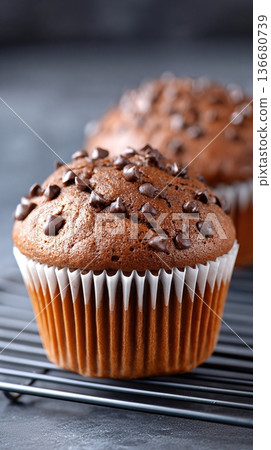Chocolate Muffin With Chocolate Chips Placed on a Wire Rack in a Kitchen Setting Chocolate Muffin With Chocolate Chips Placed on a Wire Rack in a Kitchen Setting 136680739