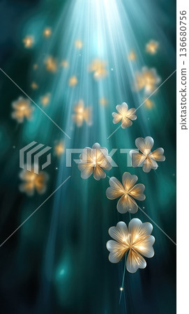 Cinematic Dark Green Background With Golden Shamrock Particles Floating in Light Beams 136680756