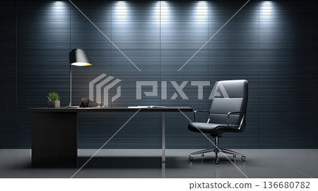 Office With Clean Wall Behind Desk and Chair, Ideal for Work and Meetings During the Day Office With Clean Wall Behind Desk and Chair, Ideal for Work and Meetings During the Day 136680782