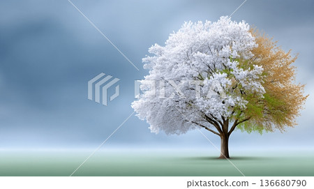 Climate Transition Symbolized by a Tree With Mixed Seasonal Colors in a Gradient Background Climate Transition Symbolized by a Tree With Mixed Seasonal Colors in a Gradient Background 136680790