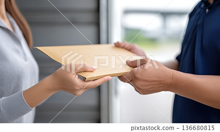 Closeup of Hands Exchanging Parcel Between Delivery Truck and Delivery Cart at a Delivery Location Closeup of Hands Exchanging Parcel Between Delivery Truck and Delivery Cart at a Delivery Location 136680815