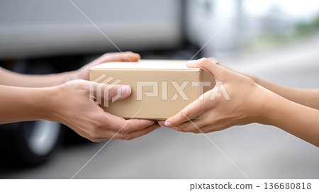 Hands Transfer Parcel From Delivery Truck to Cart in a Logistics Area During Daytime Hours Hands Transfer Parcel From Delivery Truck to Cart in a Logistics Area During Daytime Hours 136680818