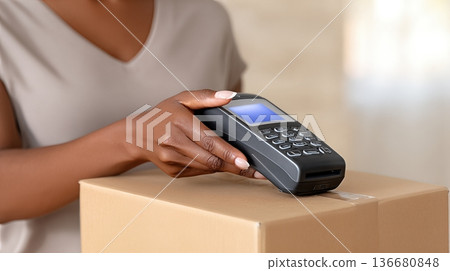 Closeup of Hands Scanning a Cardboard Box With a Handheld Device in a Simple Indoor Space Closeup of Hands Scanning a Cardboard Box With a Handheld Device in a Simple Indoor Space 136680848