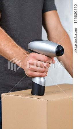 Hands Hold Scanner Next to Cardboard Box for Package Identification Hands Hold Scanner Next to Cardboard Box for Package Identification 136680850
