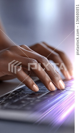 Hands Typing on Laptop Keyboard With Visible Technology and Glowing Indicators in a Workspace Hands Typing on Laptop Keyboard With Visible Technology and Glowing Indicators in a Workspace 136680851