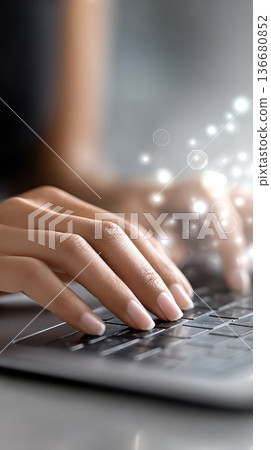 Hands Typing on Laptop Keyboard With Glowing AI Effects in a Modern Workspace Setting Hands Typing on Laptop Keyboard With Glowing AI Effects in a Modern Workspace Setting 136680852