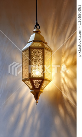 Closeup of a Traditional Lantern Casting Light Patterns on a Wall in a Dimly Lit Room at Night Closeup of a Traditional Lantern Casting Light Patterns on a Wall in a Dimly Lit Room at Night 136680862
