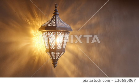 Illuminated Traditional Lantern Casting Intricate Light Patterns at Night Illuminated Traditional Lantern Casting Intricate Light Patterns at Night 136680867
