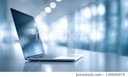 Closeup of Laptop on Desk With Soft Reflections in Workspace During Daytime in Modern Office 136680874