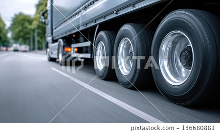 Truck Wheels Roll on Asphalt Road Showcasing Power and Reliability in Motion 136680881