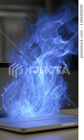 A Laptop is Experiencing Burnout as Blue Flames and Steam Rise From Its Keyboard A Laptop is Experiencing Burnout as Blue Flames and Steam Rise From Its Keyboard 136680899