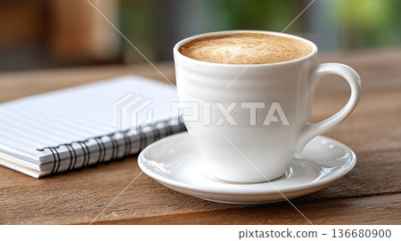 Coffee Sits Next to an Empty Notebook on a Wooden Table in a Casual Setting During the Day 136680900