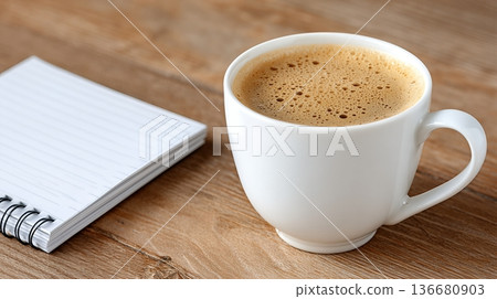 Hot Coffee Rests Beside an Open Notebook on a Wooden Table in a Cozy Setting During Morning Hours Hot Coffee Rests Beside an Open Notebook on a Wooden Table in a Cozy Setting During Morning Hours 136680903